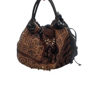Black Chico's Boho Vintage Leather Embroidered  Ethnic Shoulder Bucket Bag